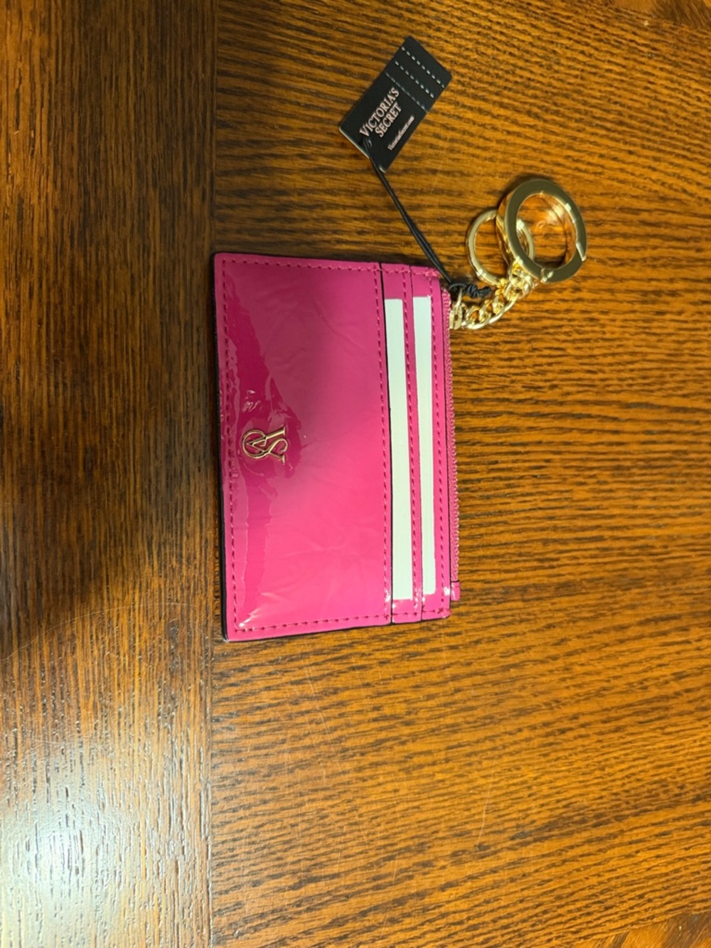 Victoria's Secret Bright Pink Patent Cardholder Keychain with Gold Ring